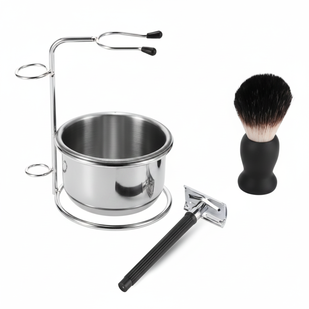 Set De Barba Hisopo+Navaja+recipiente Para Afeitar Color Negro