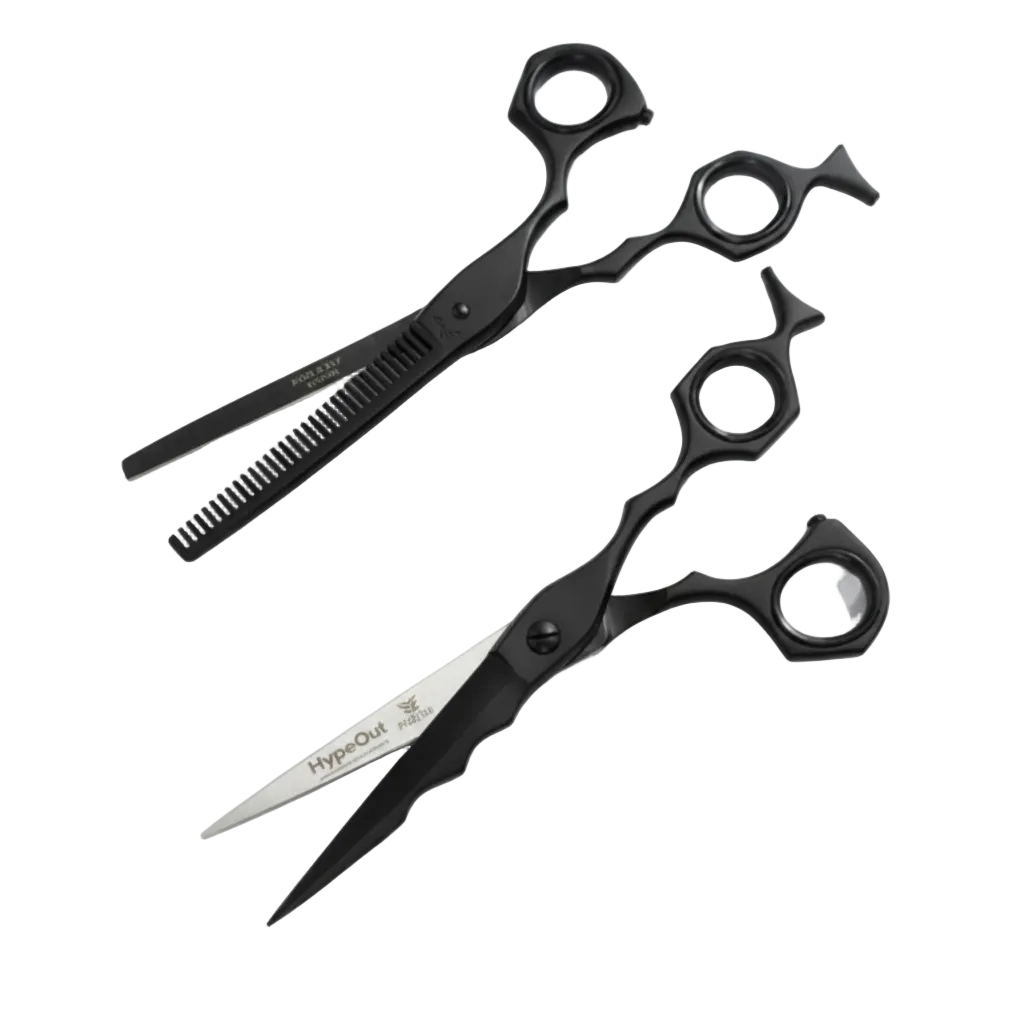 Set de tijeras professional Hypecut Negra Tiburon 6.5” Filo navaja y esculpidora + estuche