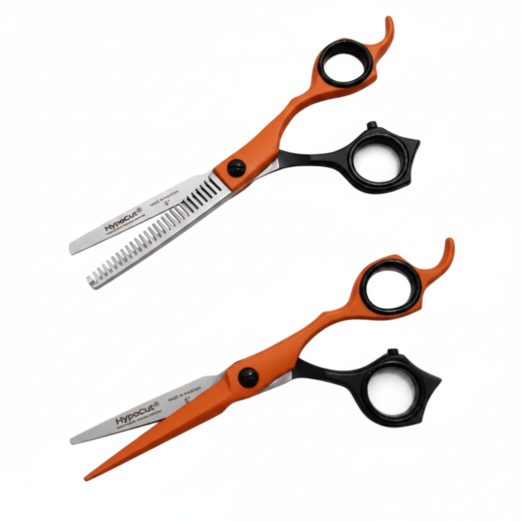 Set de tijeras professional Hypecut Convexa Naranja de 6” filo navaja y esculpidora